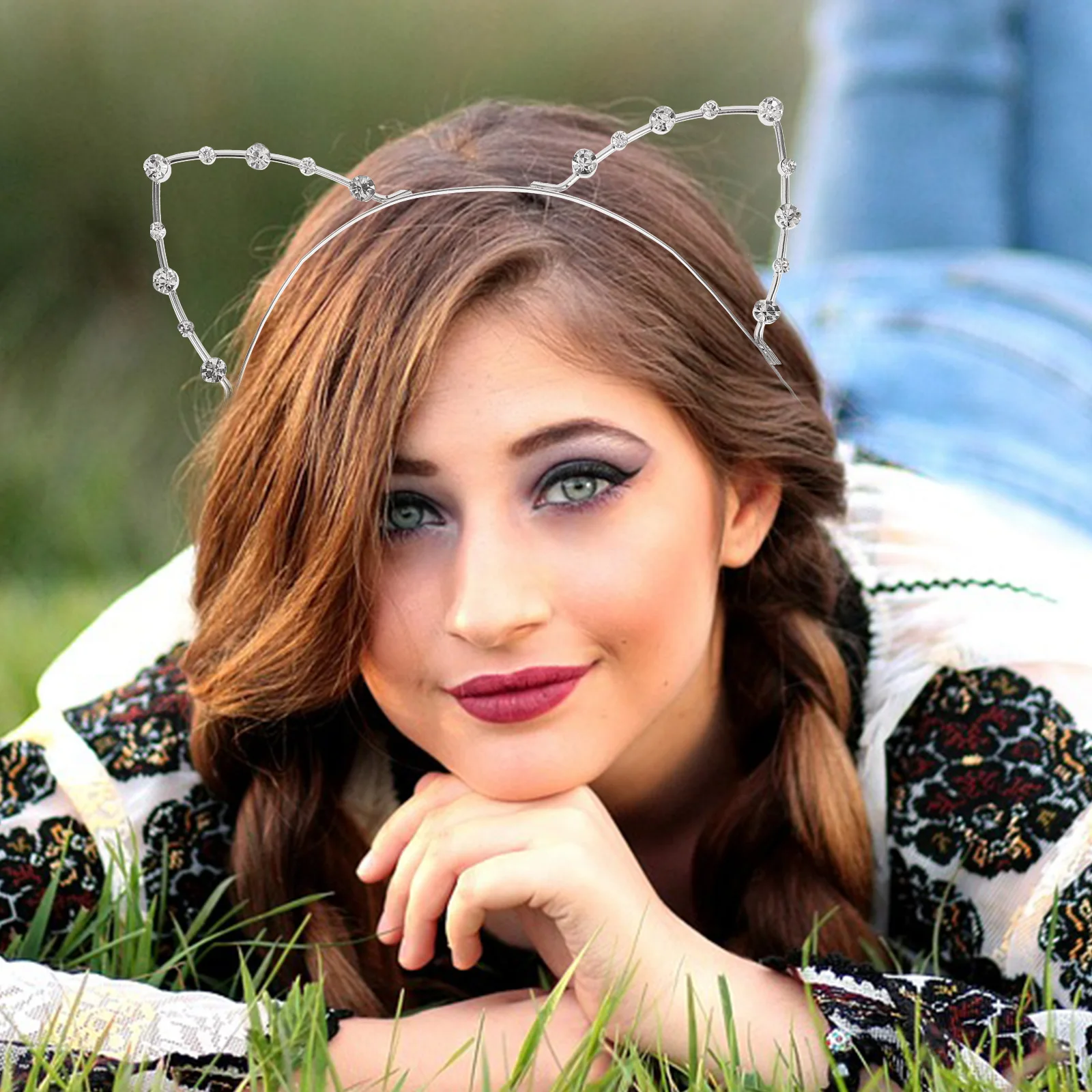 

Повязка на голову со стразами и кошачьими ушками, серебристый металл, прочный костюм для вечеринки, маскарада, выпускного вечера, нарядное платье, аксессуар, повязка на голову