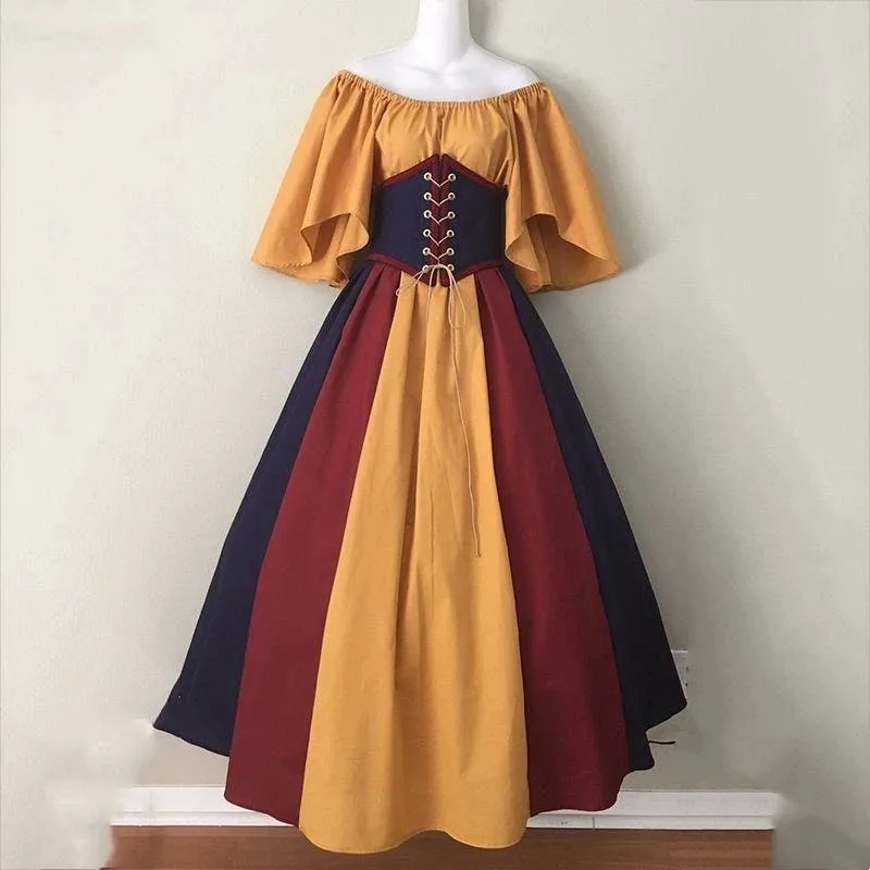 qq38 폭발적인 인기 드레스 유럽 및 미국 중세 레트로 궁전 스타일 스티칭 플라잉 슬리브 레이스업 허리 원숄더 코스프레 드레스