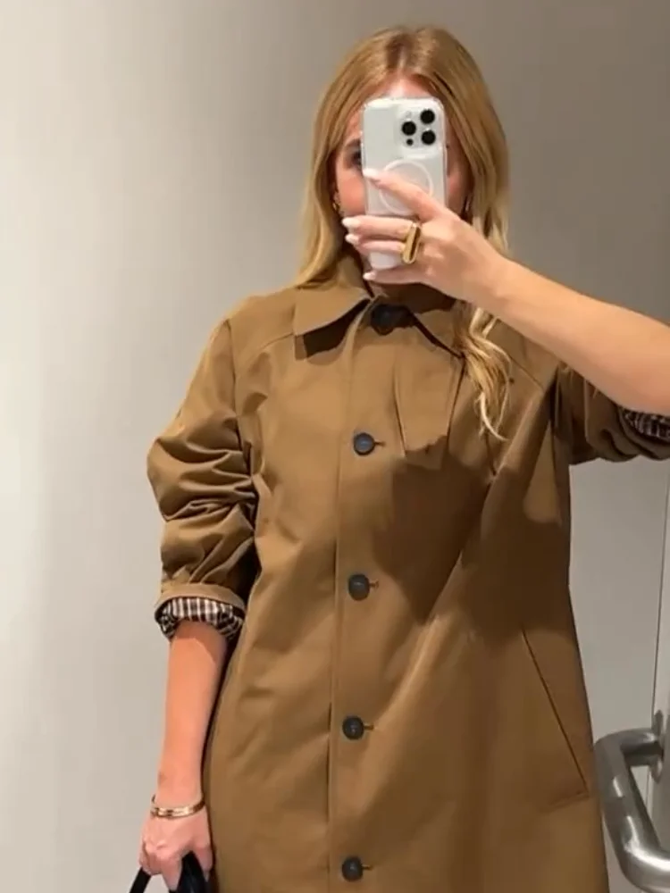 Trench monopetto solido moda per donna Giacca lunga casual con risvolto a maniche lunghe 2025 Autunno New Lady Capispalla Street