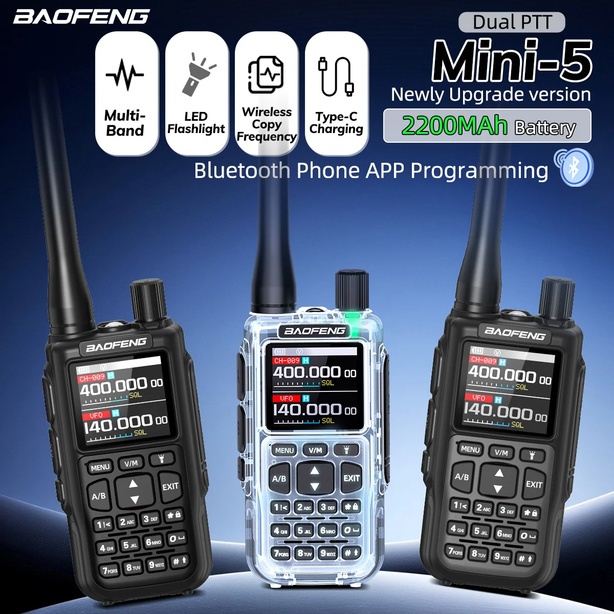 1/2PCS BAOFENG Mini 5 Walkie Talkie Multi Band Dual PTT Bluetooth Programming TYPE-C Charge Newly Upgrade UV-5R Mini Ham Radio