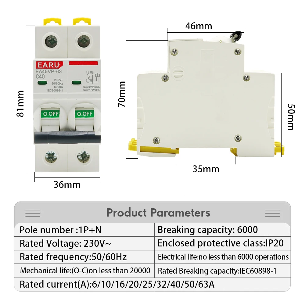 AC MCB C Type 230V 50/60HZ Mini Circuit Breaker Overvoltage and Undervoltage Protection 6A 10A 16A 20A 25A 32A 40A 50A 63A 1P+N