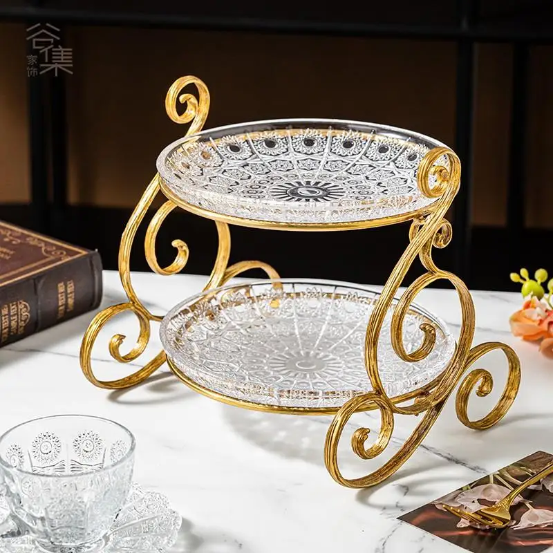 

American luxury brass crystal glass double-layer fruit plate creative handmade living room coffee table dessert cake plate ornam