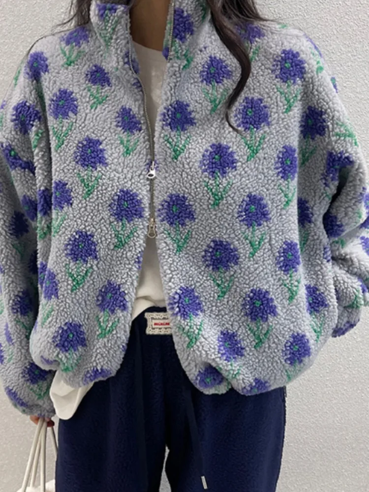 أنيقة الخريف الشتاء ort الأزهار منقوشة خمر تصميم الشعور أناقة المرأة Jaet Faionable ملابس خارجية للسيدات #2