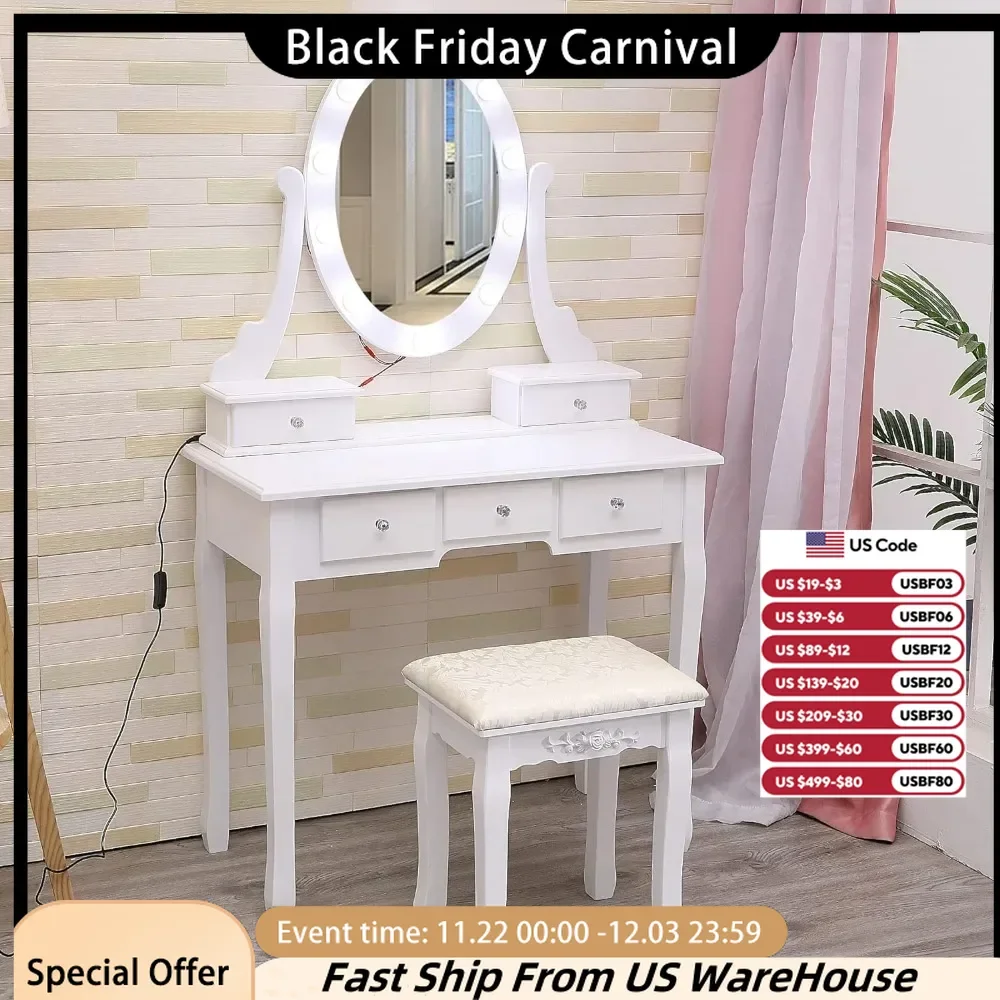 

Girl's Dressing Table with Mirror and Lighting, Makeup Dressing Table with Illuminated Mirror and Stool, with Large Drawer