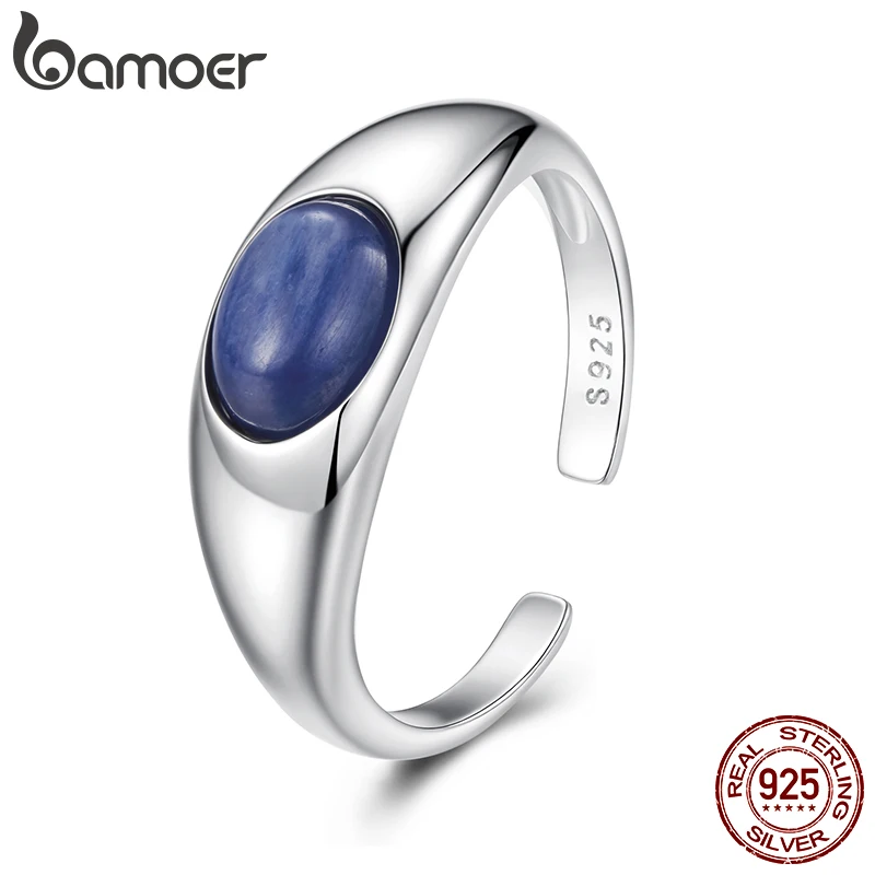 BAMOER 925 Sterling Silver Blue Kyanite Open Ring Chunky Statement Ring for Women Girl Lapis Lazuli Jewelry Minimalist Gift