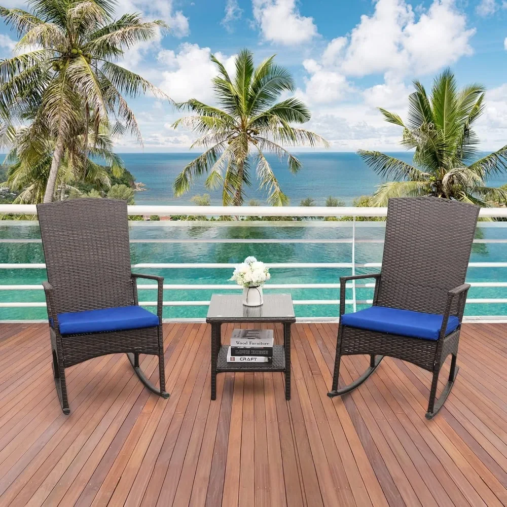 

Outdoor PE Wicker Rocking Chair, 3 Piece Patio Rattan Set, 2 Rocking Armchairs and Glass Coffee Side Table Furniture