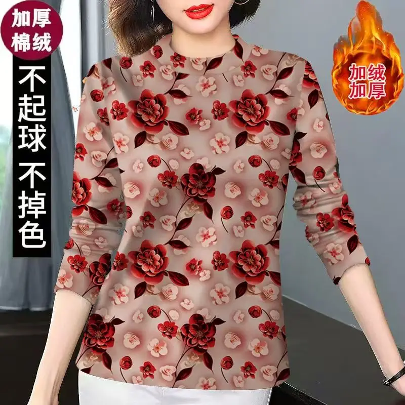 High-grade rich woman velvet thickened winter new bottom long-sleeved T-shirt mother print warm semi-turtleneck top