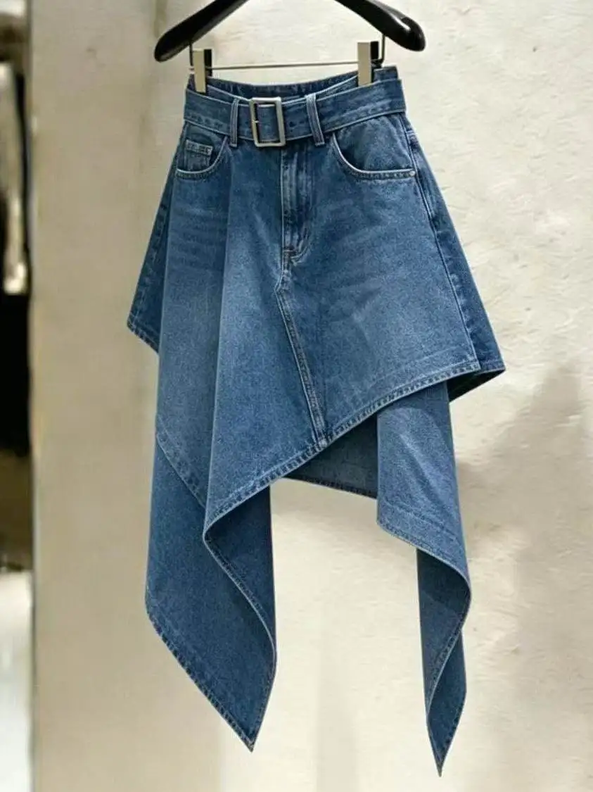 Unique Blue Denim Asymmetric High Waist Short Skirt for Women Summer 2026 New Design Beautiful Versatile Half-length Skirt