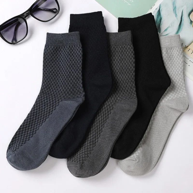 Sock Men Bamboo Fiber Men\'s Socks Double Needle Small Square Business Mid Length Socks