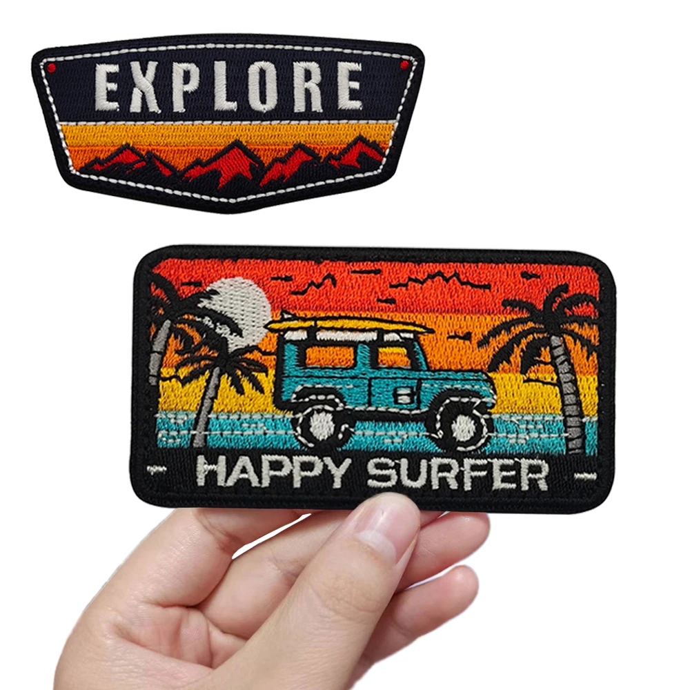 Happy Surfer Embroidered Patch – Retro Off-Road Car on Beach with Palm Trees Sunset and Waves Patch for Surfboard Bag