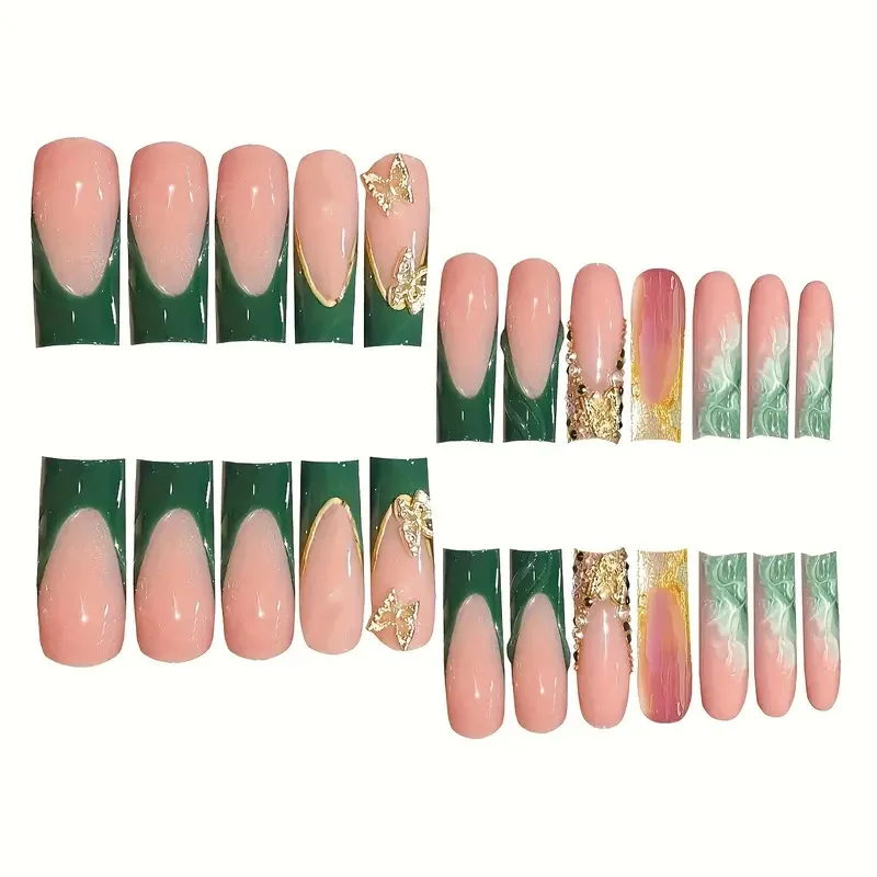 24 stuks stijlvolle 3d gouden vlinder nail art druk op nagels acryl lange vierkante nepnagels set met lijm groene Franse nageltips 2025