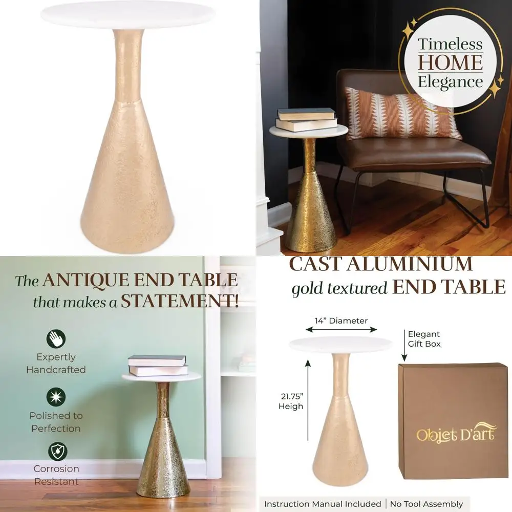 طاولة نهاية معدنية مستديرة صغيرة باللون الذهبي العتيق، طراز كوبنهاغن، 22 طويلًا، قاعدة بقاعدة، مثالية للجانب والكوكتيل وخدمة المشروبات