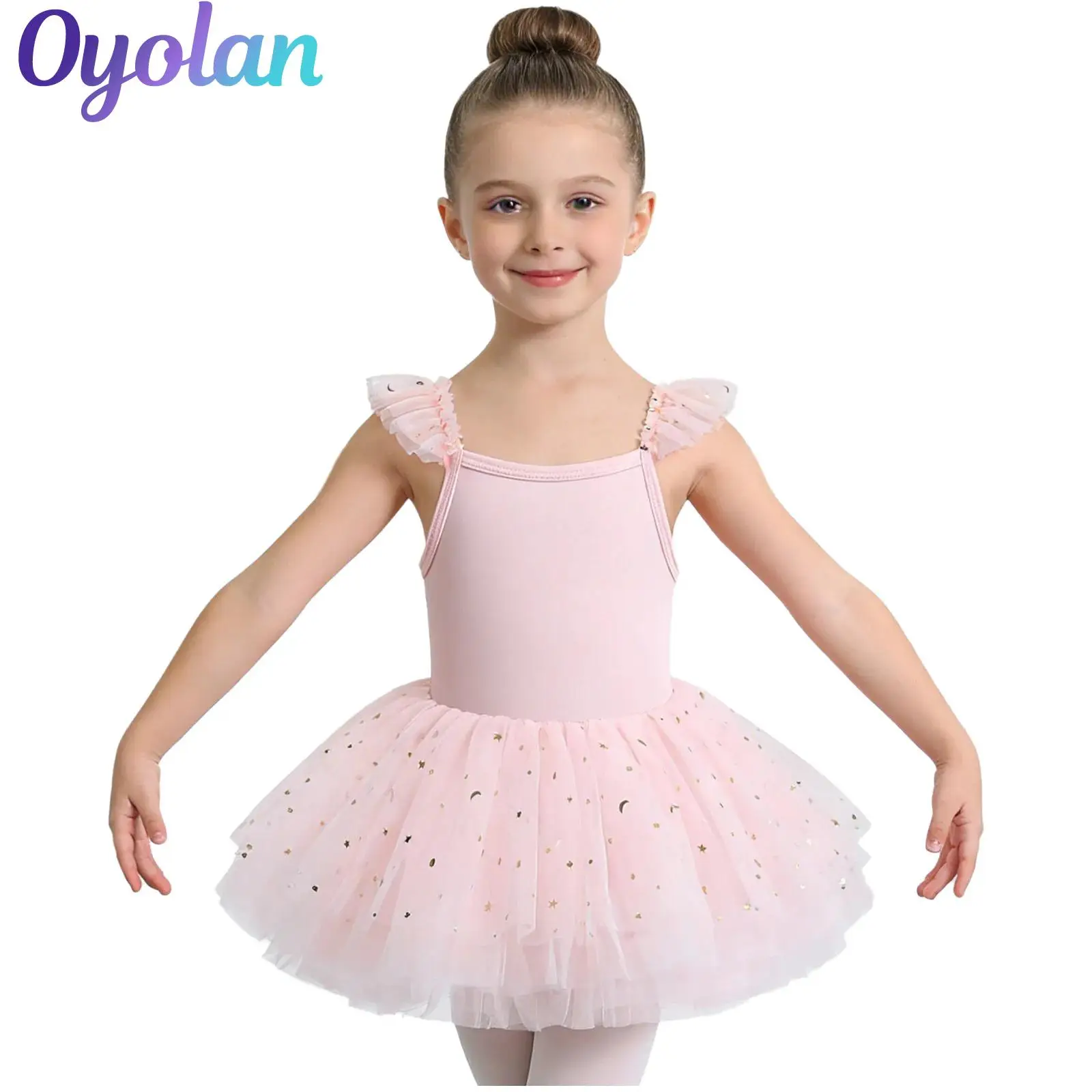 

Kids Girls Shiny Sequins Ballet Tulle Dance Performance Dress Costume Ruffled Sleeves Ballerina Dress with Built-in Briefs