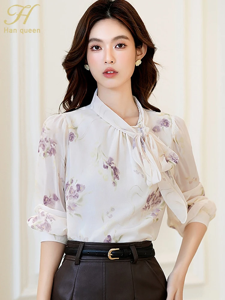 

H Han Queen Autumn Print Lace-Up Bow Blouse Vintage Casual Tops Chiffon Long Sleeve Elegant Loose Shirts Korean Women's Clothing