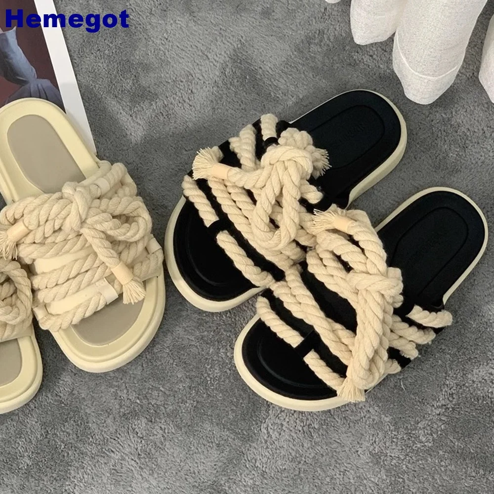 Open Toe Hemp Rope Woven Slippers 2024 Summer New Thick-Soled Outdoor Comfort Casual Slippers Slip On Fashion Ladies Slides