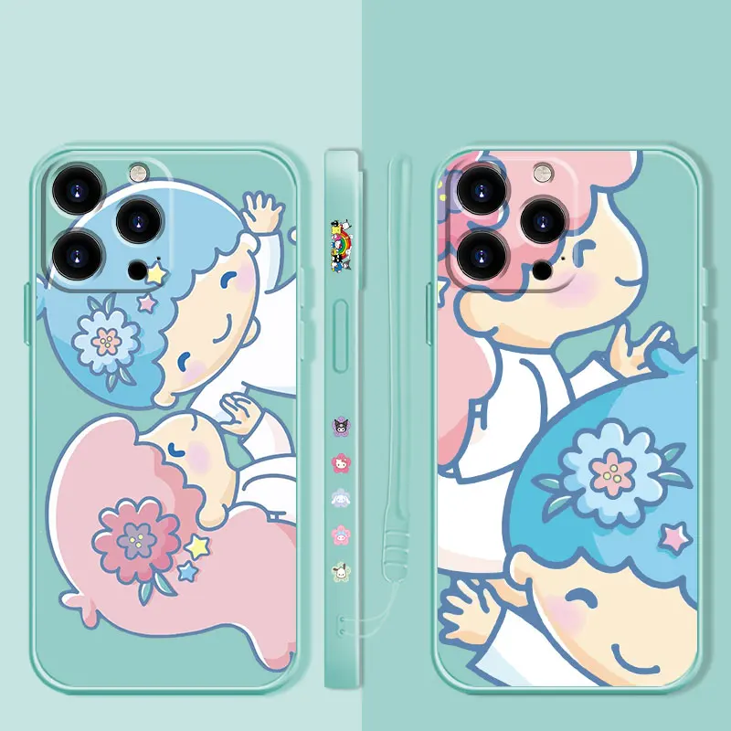 Liquid Case For Apple iPhone 14 13 12 11 Pro Max 13 12 Mini XS XR X 7 8 6 Plus LittleTwinStars Kiki Lala Flower Brother Sister