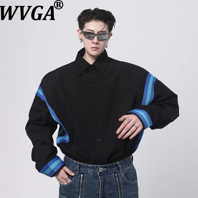 

WVGA Spring Autumn New Men Tide Patchwork Color-Block Long Sleeve Shirt Niche Chic Casual Korean Padded Shoulder Tops Ins W17362