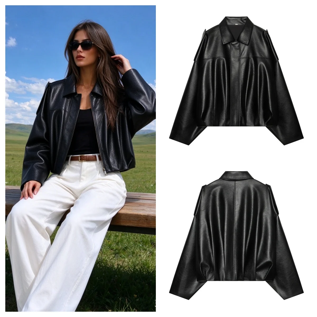 Guobioziy Women's Jacket 2026 Fall/Winter New Black Batwing Sleeve Faux Leather Loose Wrinkle Biker Parka Trendy and Stylish
