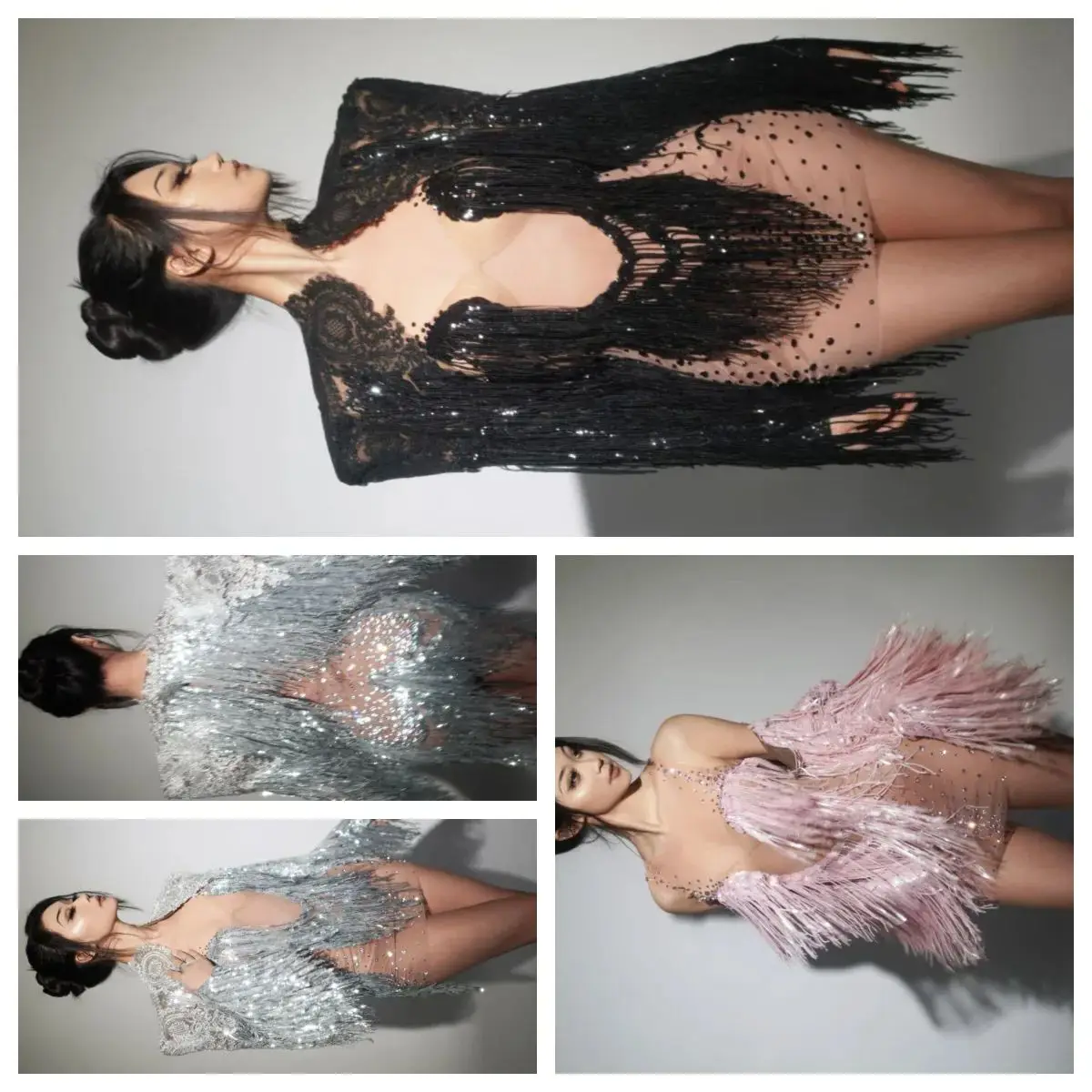 

Sexy Transparent Birthday Dance Costume Singer Stage Wear Rhinestones Sequins Tassels Short Dress Shawl 2 Pieces Set