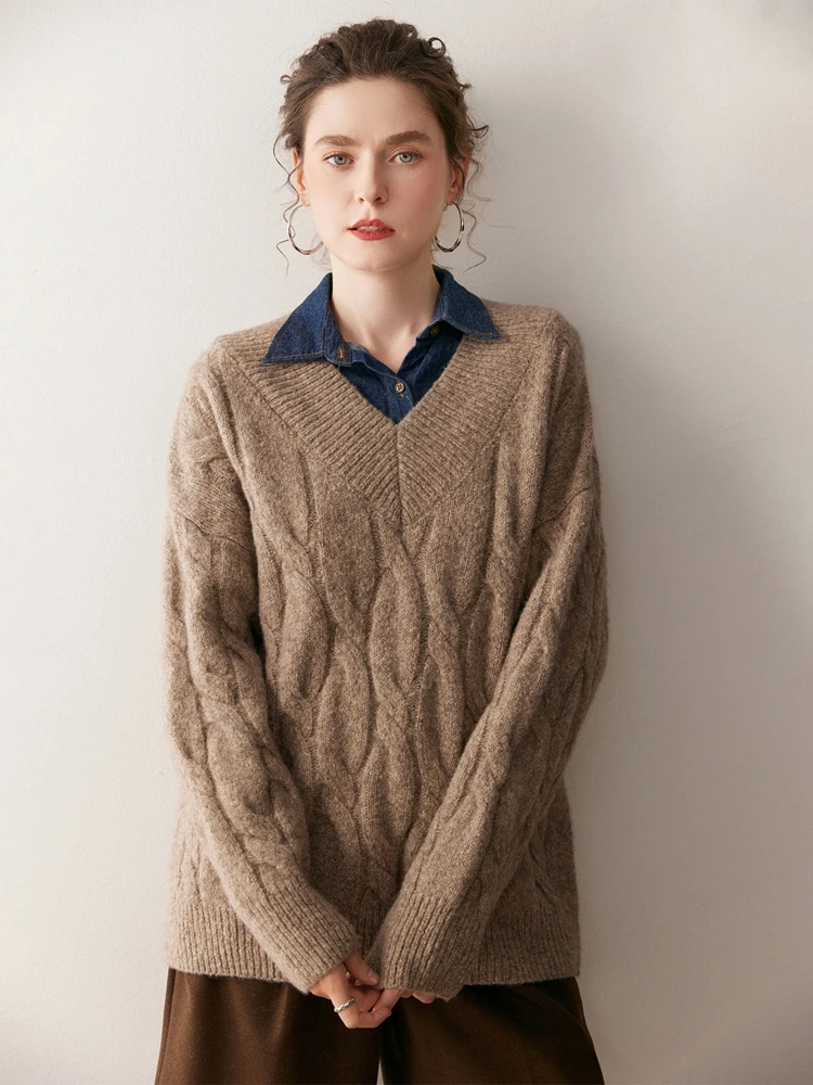 Roupas femininas 100% suéter de caxemira de alta qualidade outono inverno pulôver com decote em v grosso macio roupas básicas malhas de caxemira tops