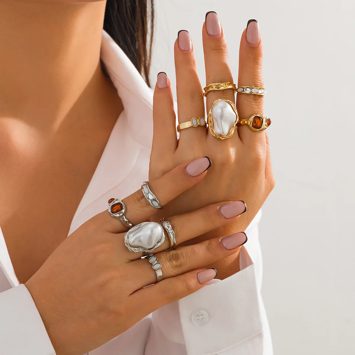 Imitation Pearl Ring Shape Gold Color Adjustable Rings Set for Women Flower Lava Design Open Rings Set Fashion Jewelry Accessory