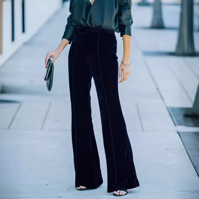 Women’s Velvet High Waist Flared Pants Wide Leg Trousers with Side Stripe Decor Elegant Casual Office Party Bottoms 2 Women's Velvet High Waist Flared Pants Wide Leg Trousers with Side Stripe Decor Elegant Casual Office Party Bottoms 2
