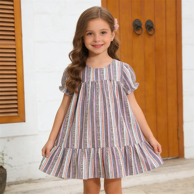 Baby Girl Dress 2026 New Fashion Kids Cotton Stripe Dresses for Girl Casual Chic Headpiece and Dress Girl's Summer Dress 1-6Yrs