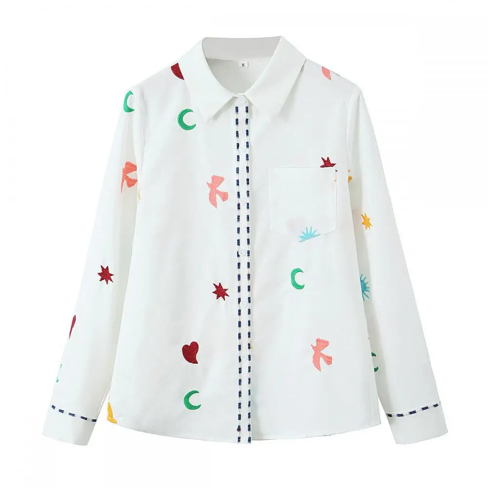 Female Loose Casual White Single Breasted Long Sleeves Shirts Women Summer Fashion Embroidery Turn-Down Collar Shirt Tops