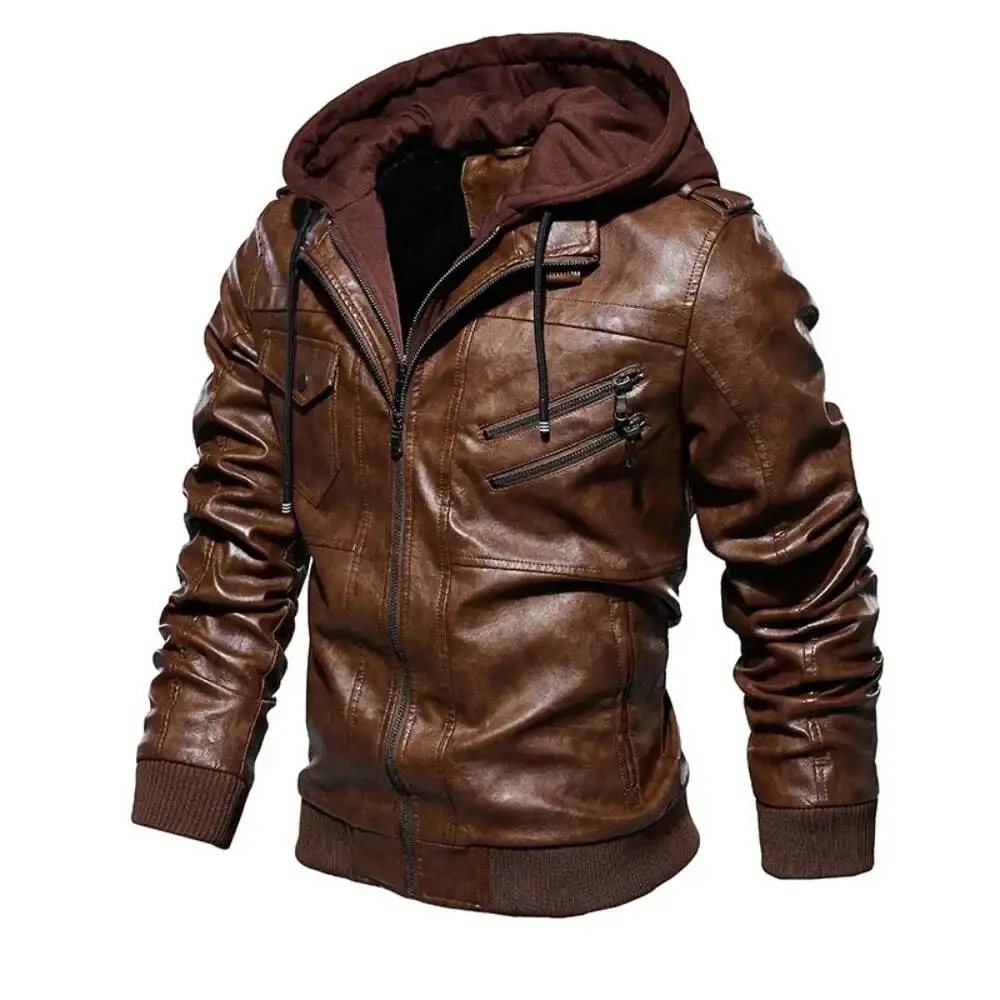 

New Style Spring Antumn Men Brown Leather Motorcycle With Removable Hooded Male PU Jacket Coat EU Size High Quality