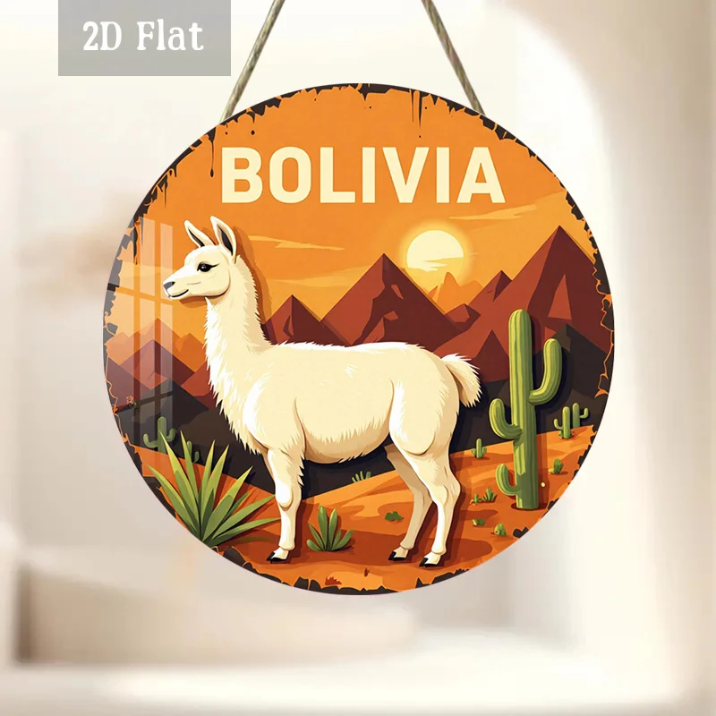 2D Flat, 1pc Bolivia Travel Wood Panel Painting, Desert Wildlife Wood Panel Painting, Cactus Landscape Round Wooden Decoration,