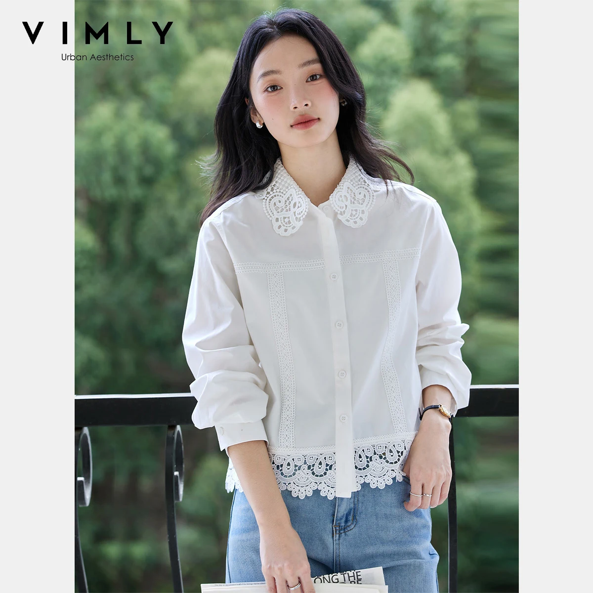 

VIMLY White Long Holiday Blouses 2025 French Woman Autumn Polo Hook Flower Hollow 100% Cotton Lace Hem Female Loose Shirts A2118