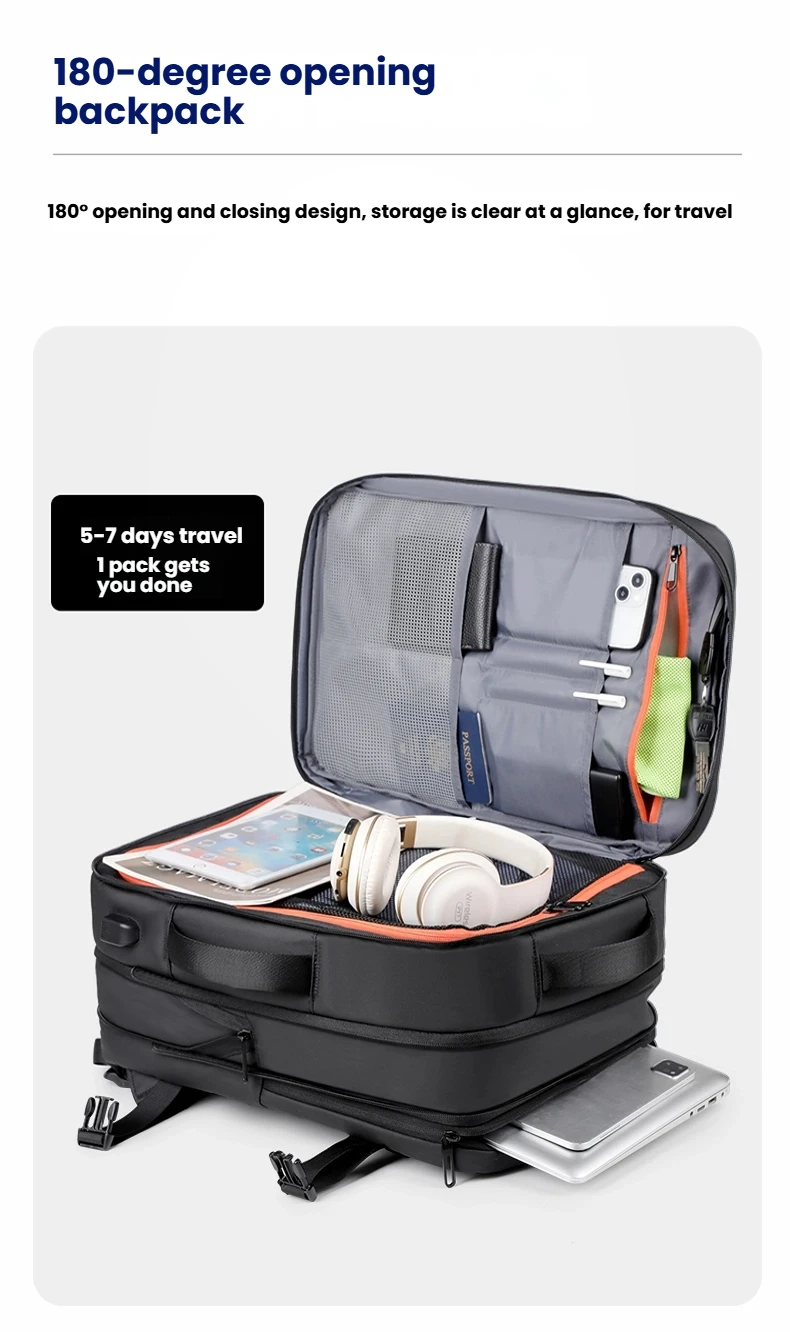 حقيبة السفر للرجال حقيبة ظهر للأعمال المدرسية حقيبة USB قابلة للتوسيع سعة كبيرة للكمبيوتر المحمول حقيبة ظهر عصرية مقاومة للماء #5