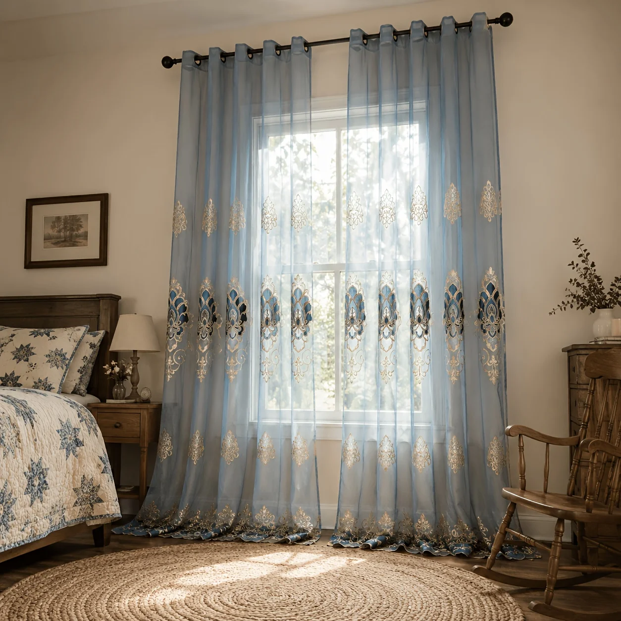 1panel light luxury vintage-style segmented embroidered sheer curtain, ring hanging, suitable for living room, bedroom, dining r