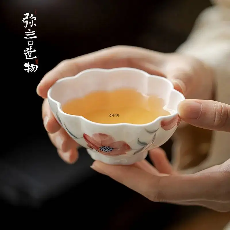 Handmade Ceramic Creative Oval Master Cup, Large Household Tea Cup, Purely Hand-painted Peach Blossom teacup Чайная чашка