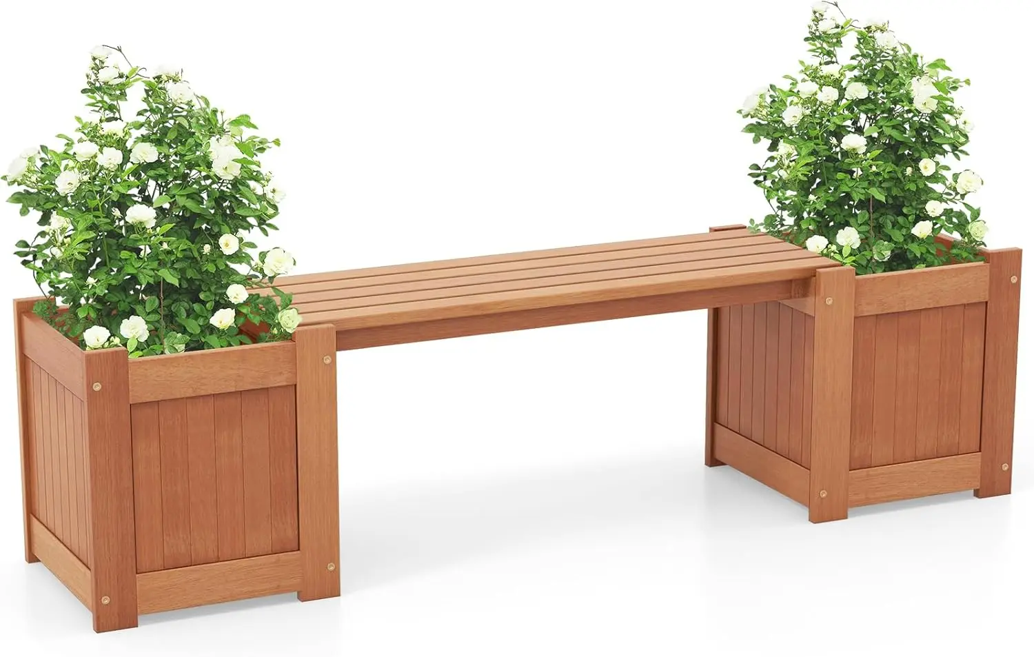 Giantex 2-In-1 Outdoor Bench With 2 Raised Garden Beds, Wood With Teak Oil Finish, Planter Boxes With Open-Ended Base, Garden