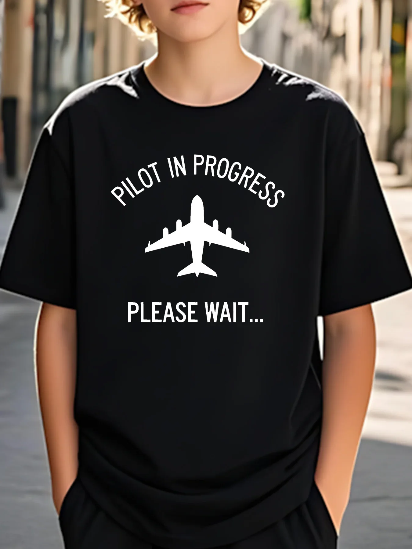 Fashionable Airplane Print Short Sleeve round Neck Shirt for Boys And Girls Summer Base Layer Trendy Top