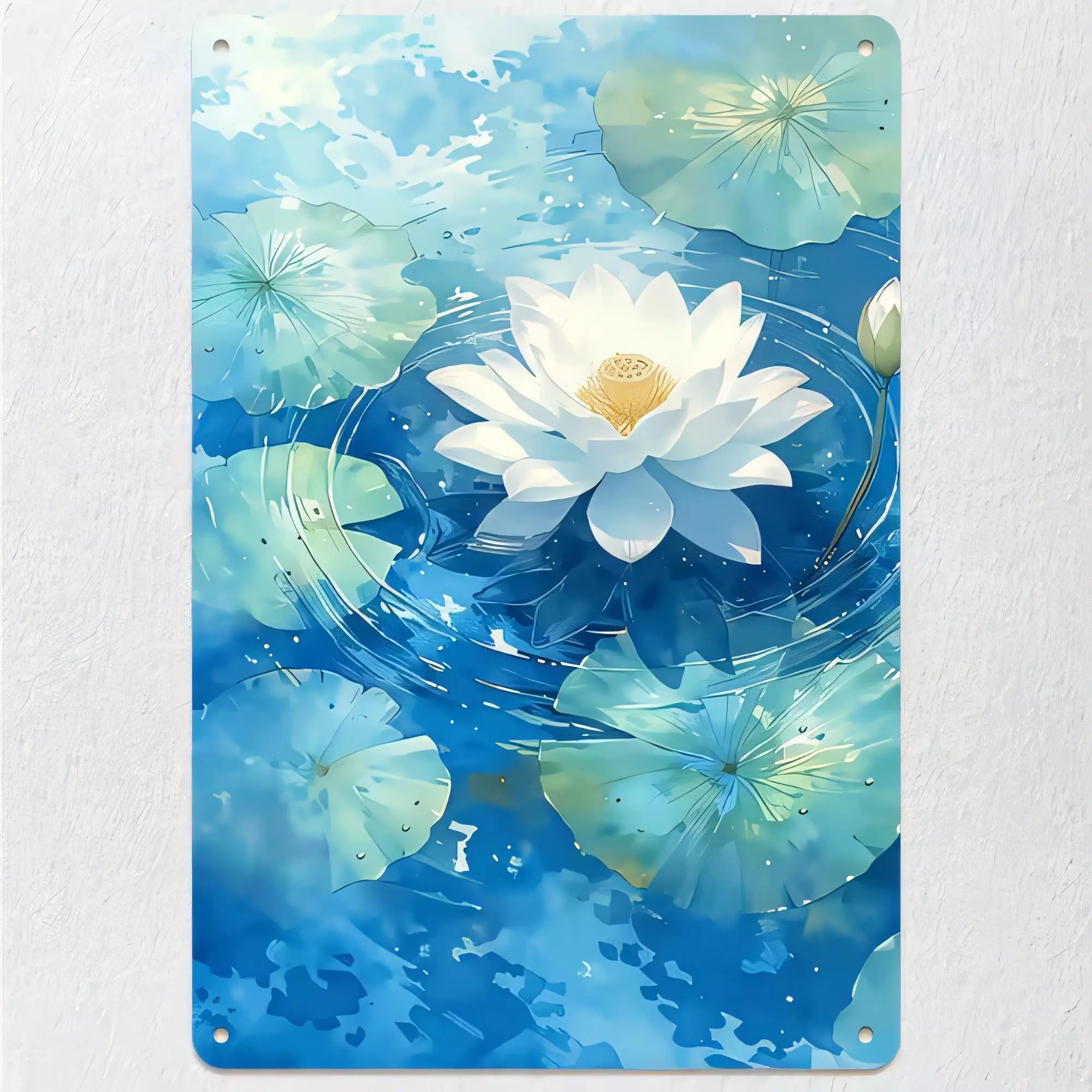 Tin Sign Lotus Flower Blue Watercolor Wall Art Vintage Metal Poster Plaque Decorative for Bathroom Kitchen Bedroom Office Retro