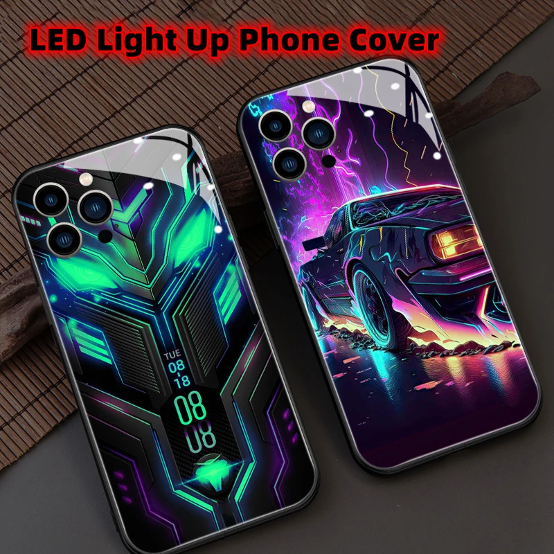 For iPhone 16 15 14 13 12 11 Pro Max Mini X XR XS Plus SE2020 Punk Car Smart LED Lighting Mobile Phone Case Glitter Back Cover