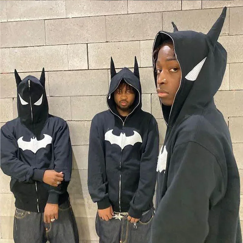 Batman Anime Hoodies Men Cartoon Embroidery Sweater Autumn Winter Fashion Hip Hop Full Face Zipper Coat Women Loose Sweatshirt