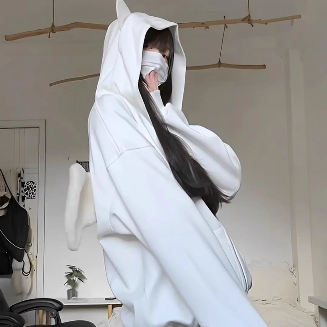 Korean style angel wings cat ears star print women's hoodie Autumn and Winter Japanese cute plus thick women's tops Y2K emo