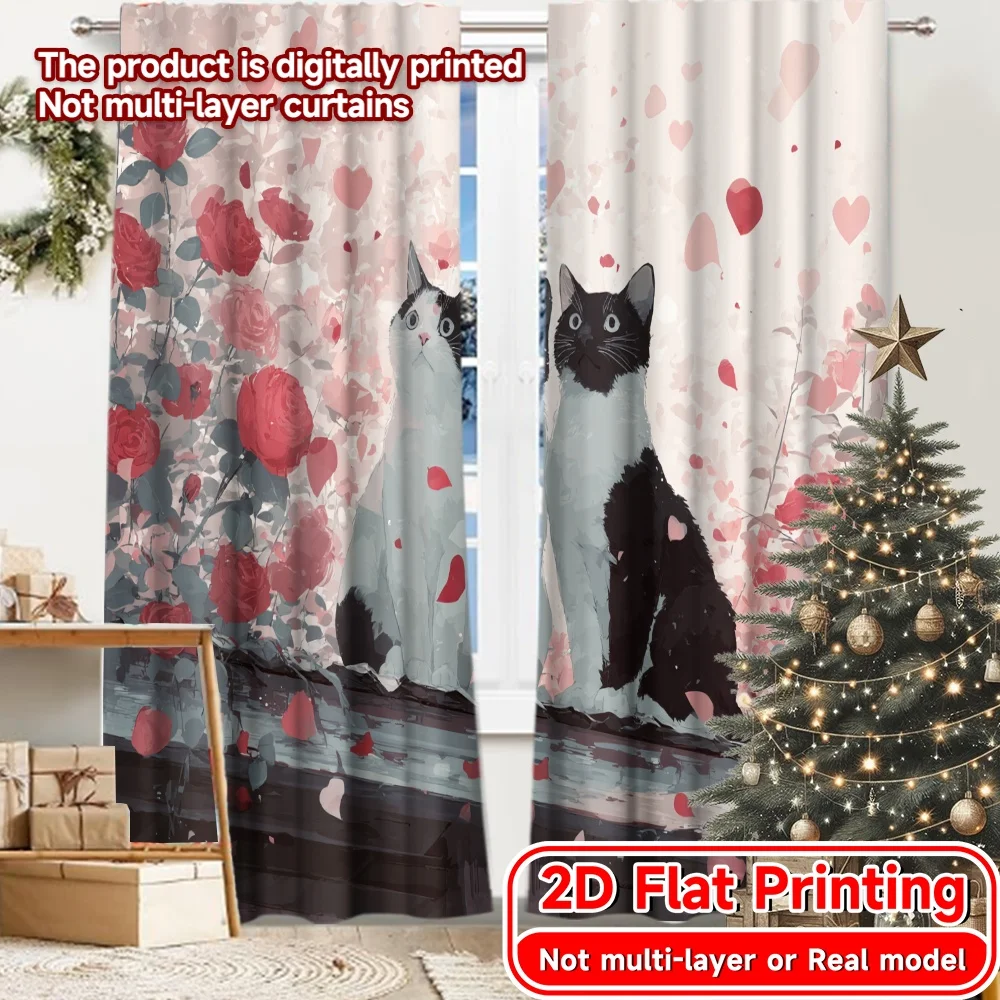 2D Flat Printing,2pcs Kitty Romance Popular Fashionable Curtains Yarn Curtains Gifts Use for Bedroom, Living Room, Home