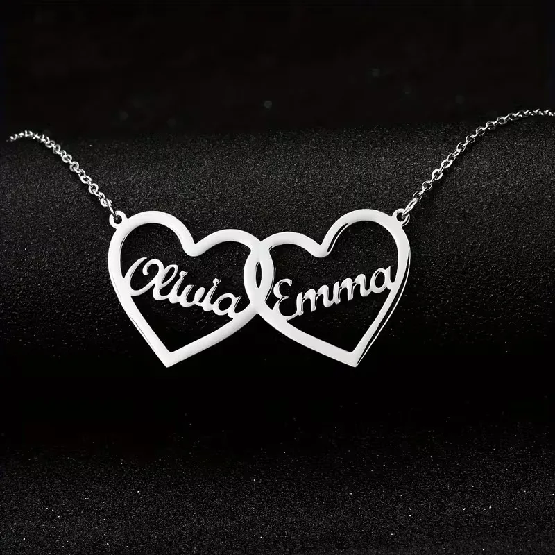 Custom Double Hearts Two Name Necklaces For Women Men Stainless Steel Customized Necklace Pendant Personalized Neck Jewelry Gift view 2