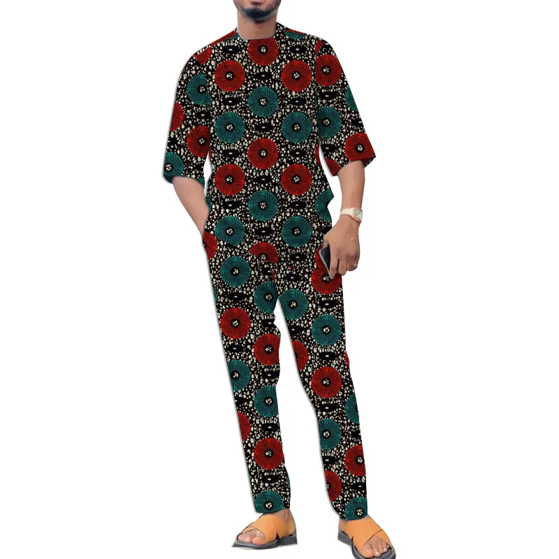 Half Sleeves African Clothes Men Set Nigerian Print Tops With Pant 2 Pieces Suit Tailored Wedding Ankara Outfit