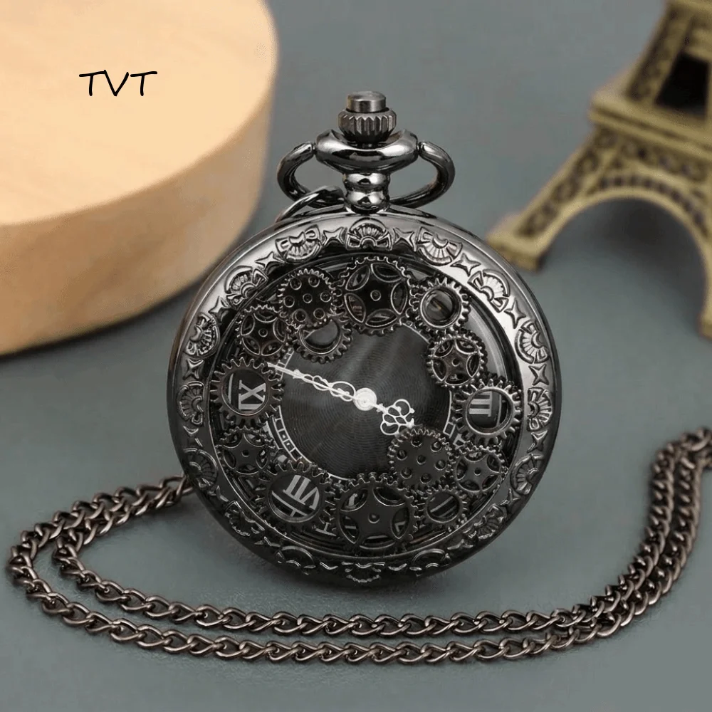 Fashionable Accessories Retro Pocket Watch Vintage Hollow Quartz Pocket Watch Chain Carved Gear Pocket Watch Unisex
