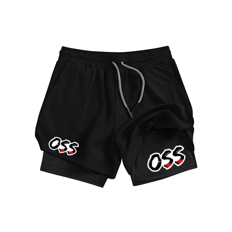Pantalones cortos para correr ajustados elásticos 2 en 1 para hombre con estampado de letras OSS Gimnasio Deportes Entrenamiento Fitness Pantalones para correr