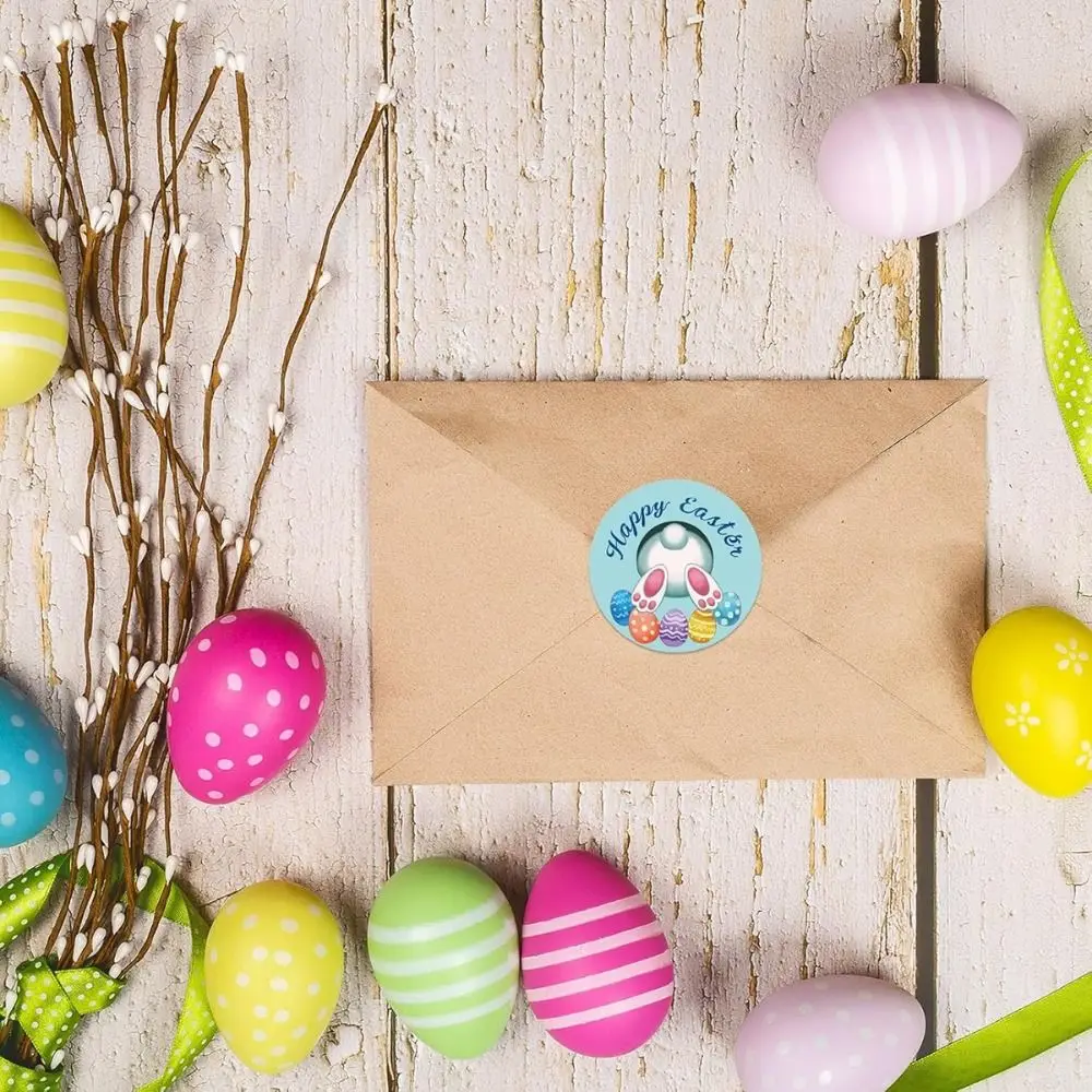 Label Decals Golden Paper Easter Stickers Cartoon Design Round Shape Egg Stickers Self Adhesive Paper Stickers DIY Project