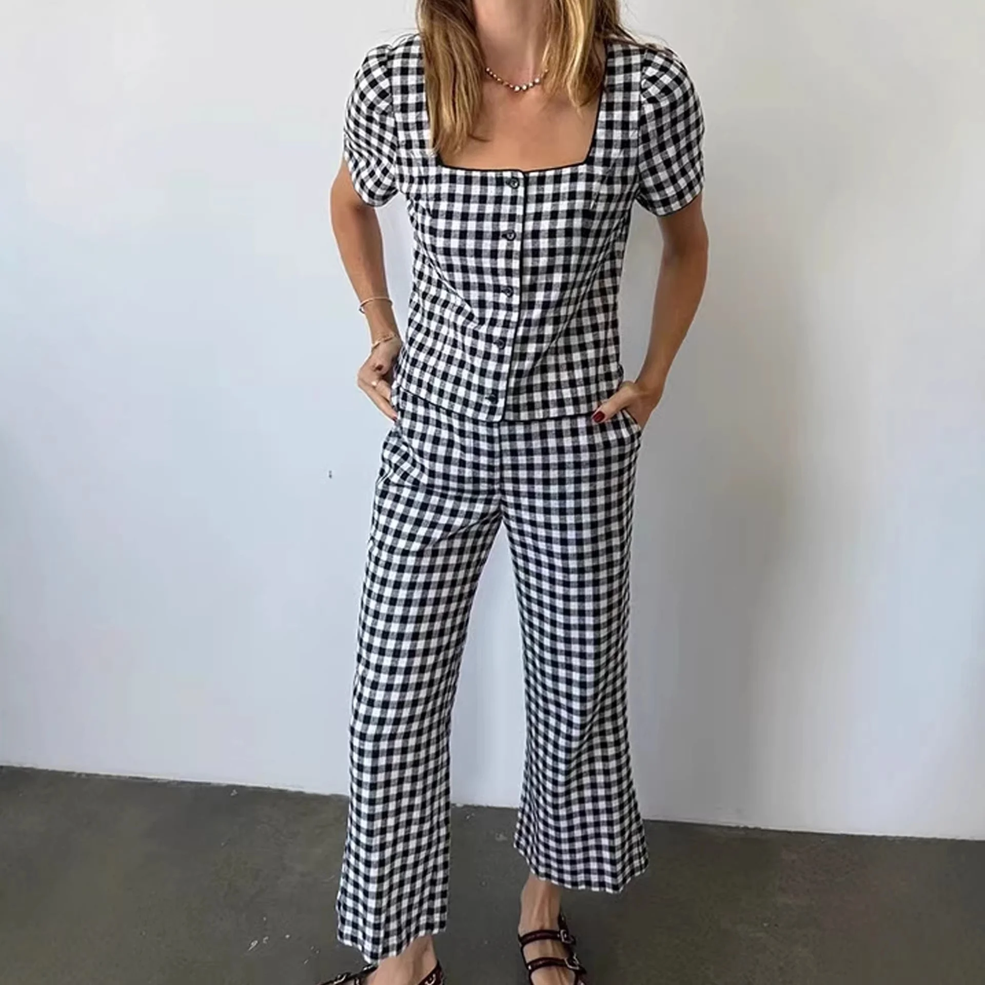 

Повседневная клетчатая рубашка с пуговицами и квадратным воротником, укороченная, женские брюки прямого кроя, весна-лето, новинка, черно-белые