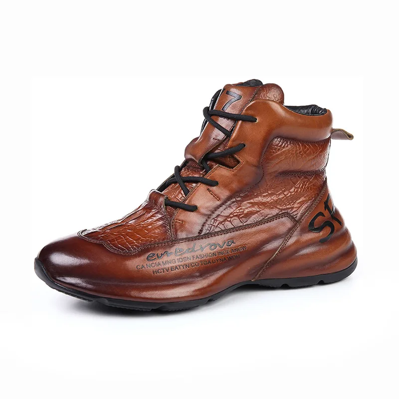 Genuine Leather Winter Boots For Men Crocodile Leather Casual Fleece Warm Shoes Motorcycle Punk Botas Male Fashion Loafer Hombre image 2