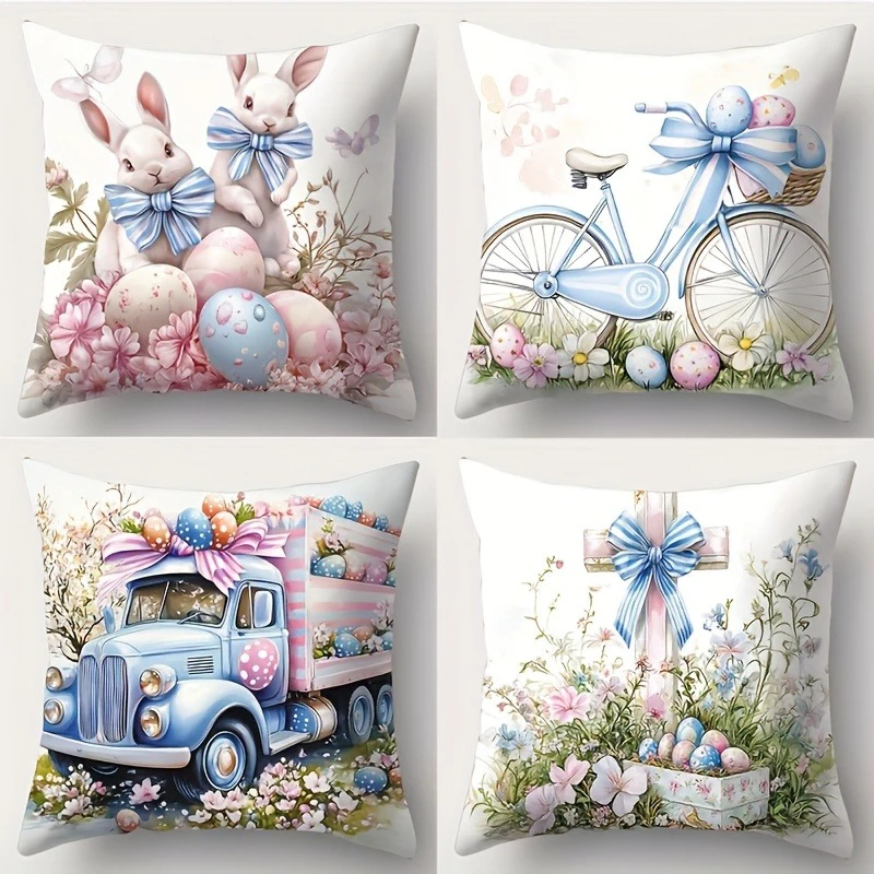 Easter celebration pillowcase modern style cute bunny eggs and floral print suitable for living room decoration