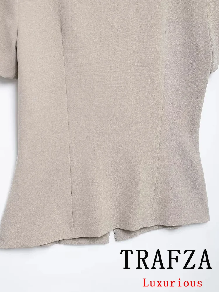 TRAFZA Vintage Chic Women Blazer Solid Single Breasted Square Collar Short Sleeve Blazer Fashion 2024 Autumn Office Lady Blazer